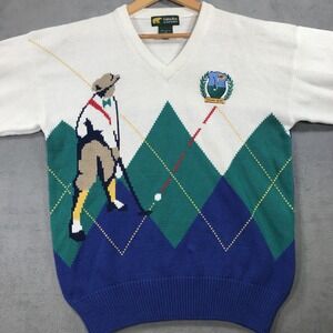Vintage Jack Nicklaus Golden Bear Golf Sweater Men's M Argyle Knit Golfer Preppy